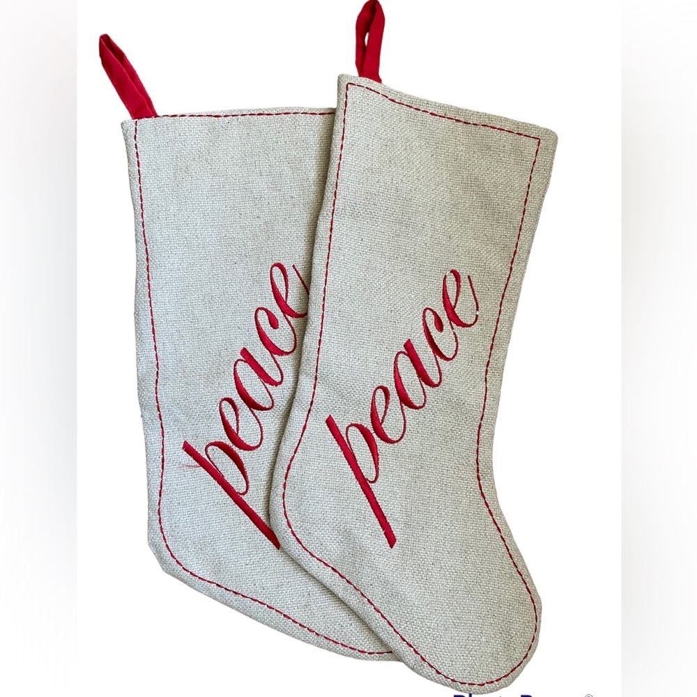 Christmas Stockings Burlap with Red Embroidered Peace set of 2